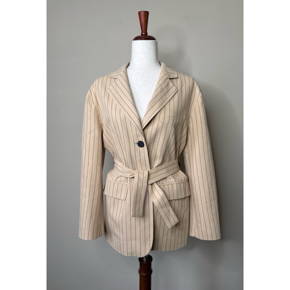 Maje Varcel Blazer Beige Cotton Linen Belted Striped Size 40 - Picture 2 of 6